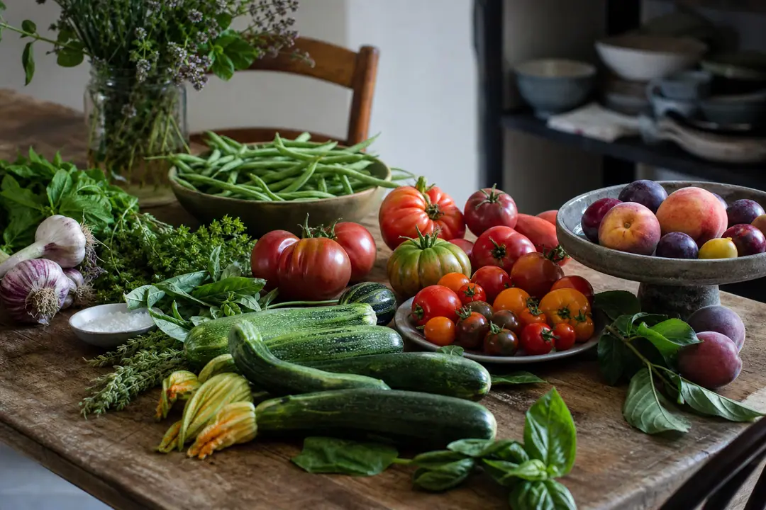 Tomates et fruits d’été sur une table