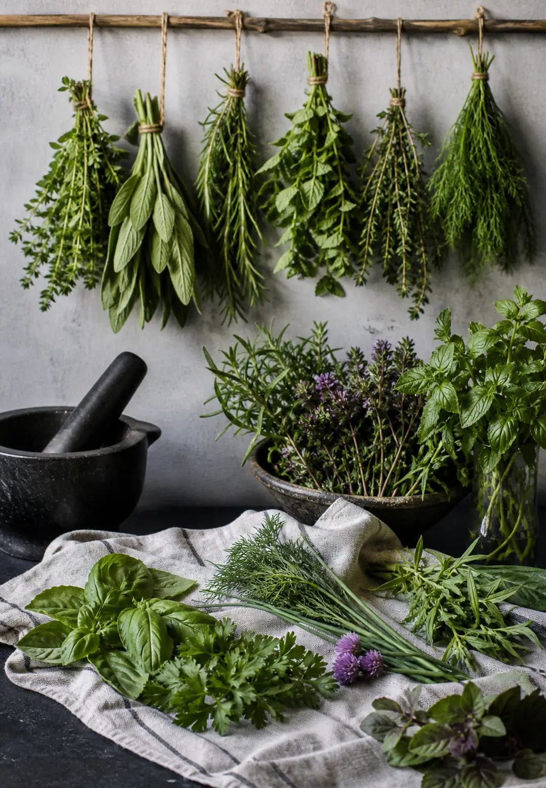 Herbes fraîches sur un plan de travail